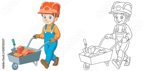 Coloring page with builder. Line art drawing for kids activity coloring book. Colorful clip art. Vector illustration.