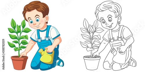 Coloring page with boy taking care of plant. Line art drawing for kids activity coloring book. Colorful clip art. Vector illustration.