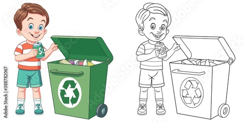 Coloring page with boy sorting garbage. Line art drawing for kids activity coloring book. Colorful clip art. Vector illustration.