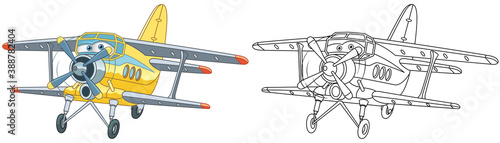 Coloring page with biplane. Line art drawing for kids activity coloring book. Colorful clip art. Vector illustration.