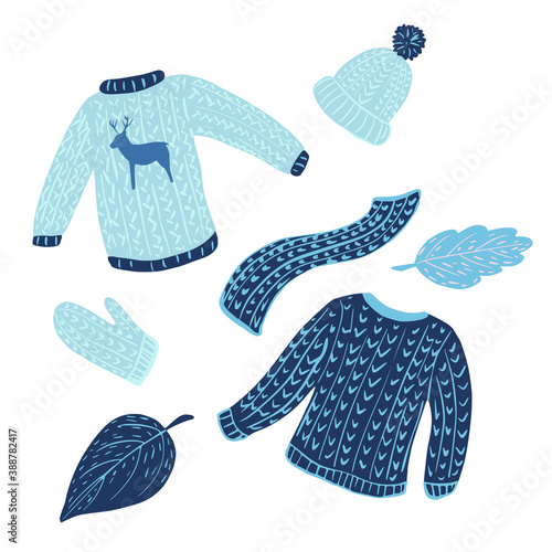 Composition ugly sweater on white background. Blue kit season clothing from sweater, mitten, cap, scarf and foliage sketch hand drawn in style doodle.