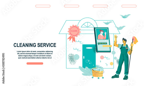 Cleaning company website template with cartoon character of cleaner or janitor. Web banner or landing page for cleaning and household workers hiring, flat cartoon vector illustration.