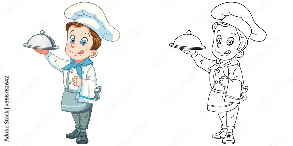 Coloring page with chief cook. Line art drawing for kids activity coloring book. Colorful clip art. Vector illustration.