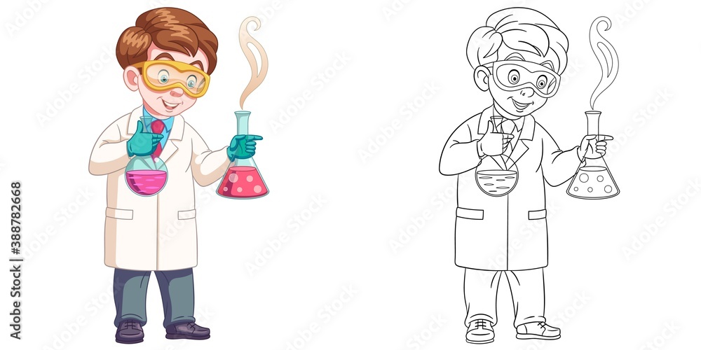 Coloring page with chemical scientist. Line art drawing for kids activity coloring book. Colorful clip art. Vector illustration. Coloring page with chemical scientist. Line art drawing for kids activity coloring book. Colorful clip art. Vector illustration.