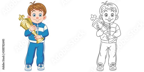 Coloring page with boy with trophy cup. Line art drawing for kids activity coloring book. Colorful clip art. Vector illustration.