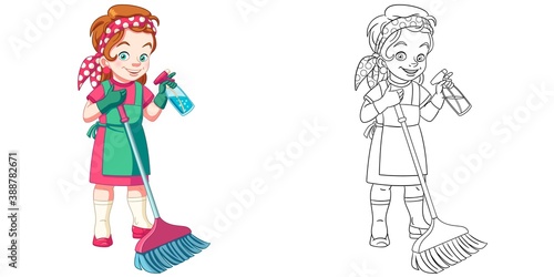 Coloring page with girl cleaning house. Line art drawing for kids activity coloring book. Colorful clip art. Vector illustration.