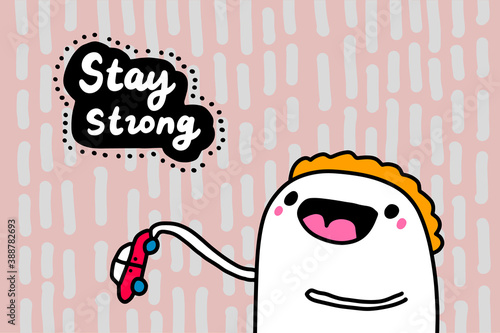 Stay strong hand drawn vector illustration in cartoon doodle style man holding car