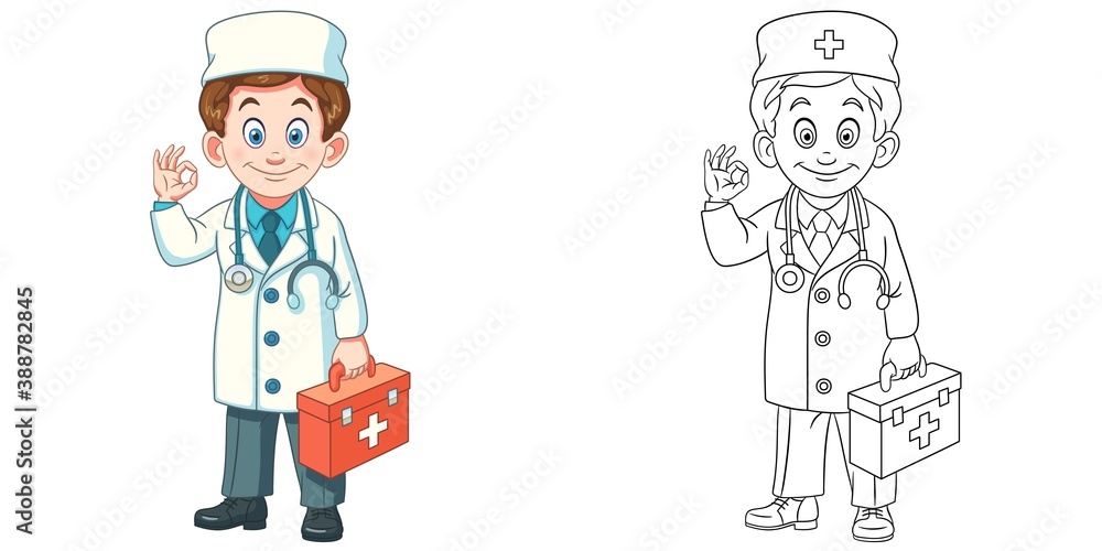 Coloring page with doctor. Line art drawing for kids activity coloring book. Colorful clip art. Vector illustration.