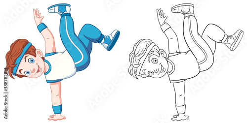 Coloring page with break dance boy. Line art drawing for kids activity coloring book. Colorful clip art. Vector illustration.