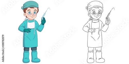 Coloring page with doctor. Line art drawing for kids activity coloring book. Colorful clip art. Vector illustration.