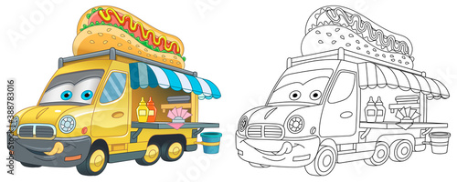 Coloring page with food truck. Line art drawing for kids activity coloring book. Colorful clip art. Vector illustration.