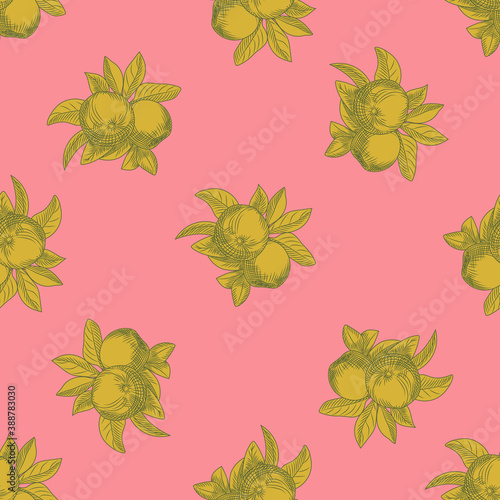 Apples seamless pattern on pink background. Vintage botanical wallpaper.
