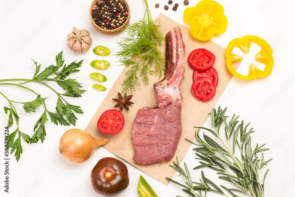 Veal meat with bone in pan. Colored chopped peppers Veal meat with bone in pan. Colored chopped peppers