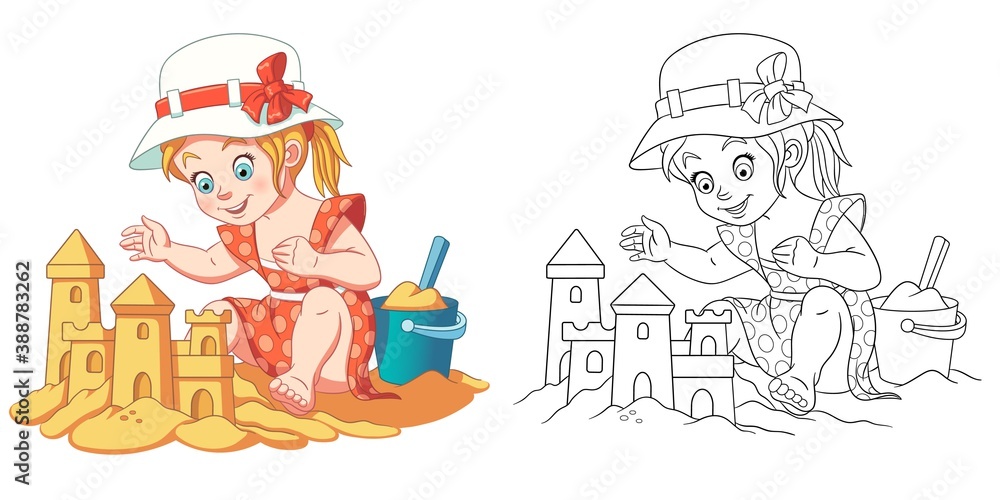 Fototapeta premium Coloring page with girl making sand castle. Line art drawing for kids activity coloring book. Colorful clip art. Vector illustration.