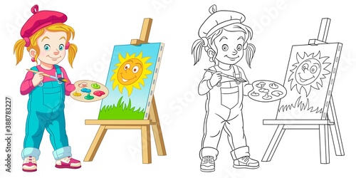Coloring page with girl painting. Line art drawing for kids activity coloring book. Colorful clip art. Vector illustration.