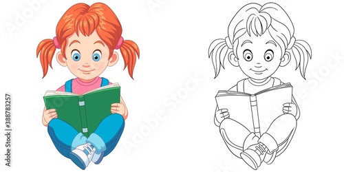 Coloring page with girl reading. Line art drawing for kids activity coloring book. Colorful clip art. Vector illustration.