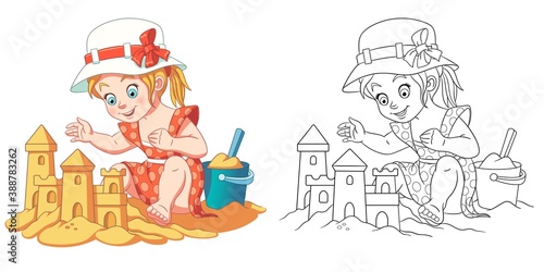 Coloring page with girl making sand castle. Line art drawing for kids activity coloring book. Colorful clip art. Vector illustration.