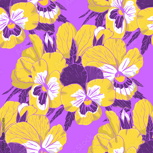 Colorful floral seamless pattern with hand drawn pansy flowers on violet background. Stock vector