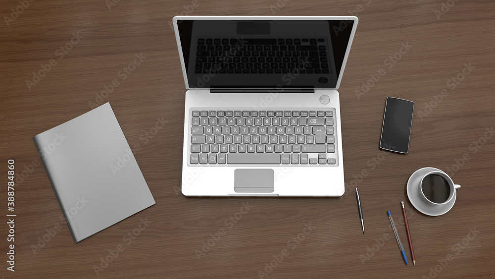 Top view 3D Rendering: Laptop, phone, notebook, pen&pencils and a cup of coffee, mockup template, on an office table Top view 3D Rendering: Laptop, phone, notebook, pen&pencils and a cup of coffee, mockup template, on an office table