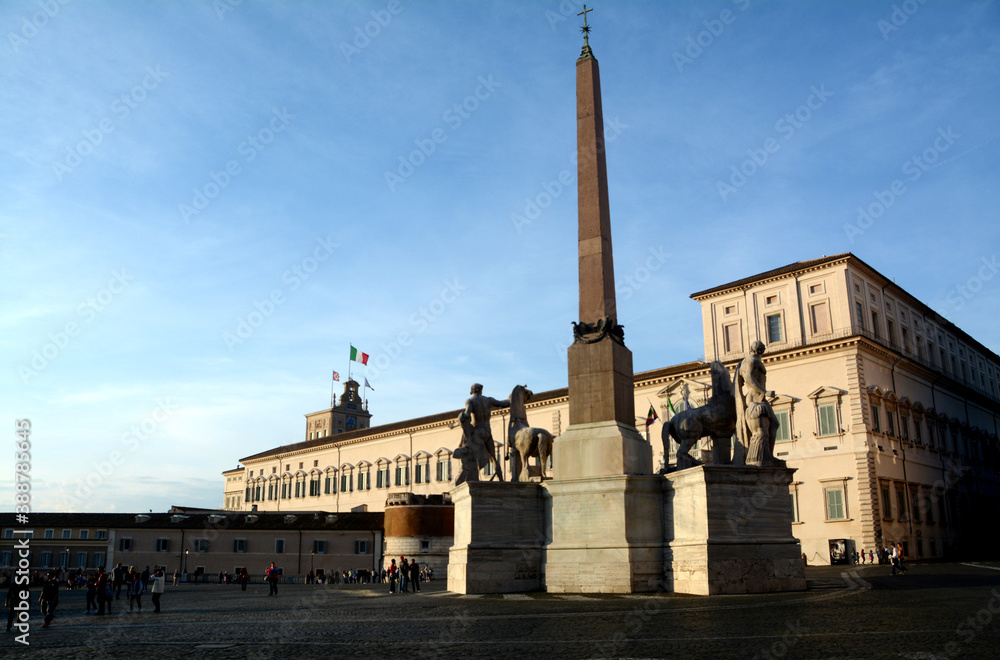 The Quirinal Palace was the seat of the Popes and now the President of the Republic. The obelisk of the Quirinale and the  Consulta palace are on the square.