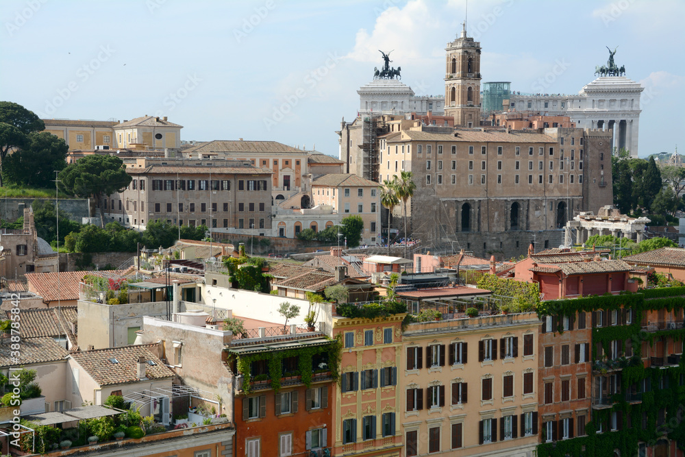 Panorama of Rome from the Palatine Hill on San Teodoro street, the Roman Forum, the Capitoline Hill and the Altar of the Fatherland.