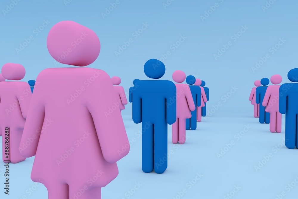 3D Render: Female and male representation of a crowd, standing at a safe distance, side view, from each other due to the Coronavirus Pandemic. People in pink and dark blue, background in Blue. 3D Render: Female and male representation of a crowd, standing at a safe distance, side view, from each other due to the Coronavirus Pandemic. People in pink and dark blue, background in Blue.