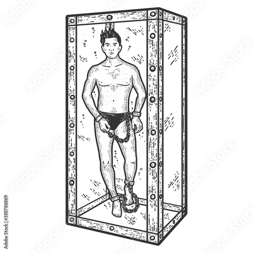 Magician, trick with aquarium and handcuffs. Engraving vector illustration.