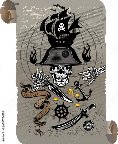 Pirate ship and skull