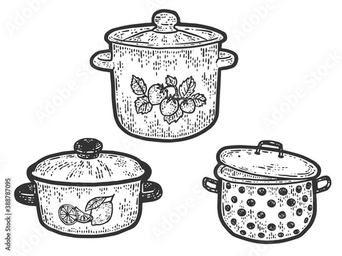Three stock pot of different sizes and designs. Engraving vector illustration.