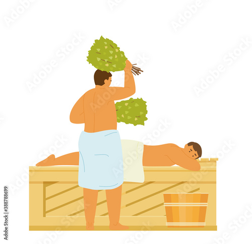 Men In Sauna Taking Steam Bath With Birch Brooms. Healthy Lifestyle. Vector Illustration.