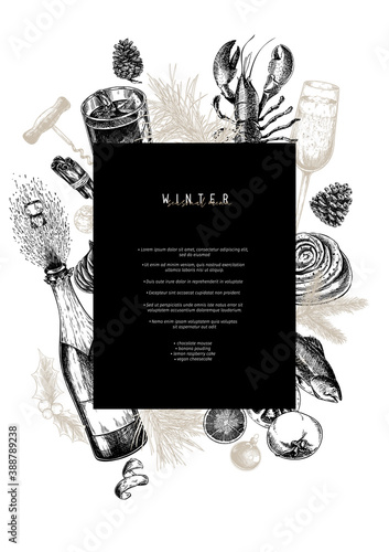 Vector menu template. Hand drawn detailed Christmas decorations, wine, seafood, meat, fruits and vegetables. Modern trendy design. Use for holiady menu, restaurant, shop promotion, brand