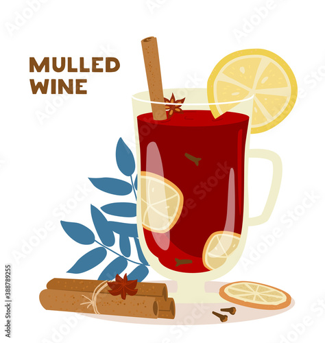 Mulled Wine With Lemon Slices, Cinnamon Sticks And Clove In Tall Glass Cup Vector Illustration. Hot Beverage.