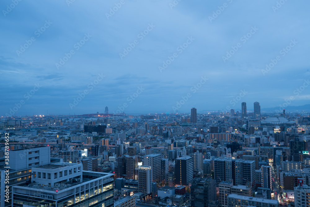 Twilight skyline of Osaka city, cityscape after the sunset