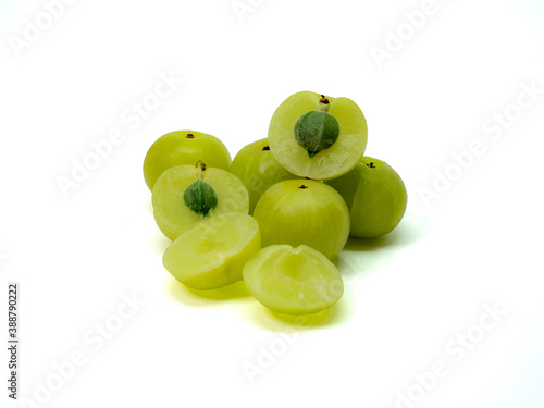 Indian gooseberry ,Phyllanthus emblica , amla green fruits isolated on white background with clipping path.