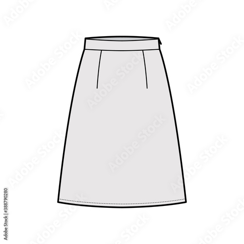 Skirt A-line fullness technical fashion illustration with knee length silhouette, thick waistband, side zipper. Flat bottom template front, grey color style. Women, men, unisex CAD mockup