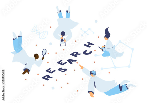 Science Or Medical Research Concept. Doctors Or Scientists In Free Fall With Loupes, Microscope, Tablet, VR Glasses Flying Among Molecules And Cells. Vector Illustration.