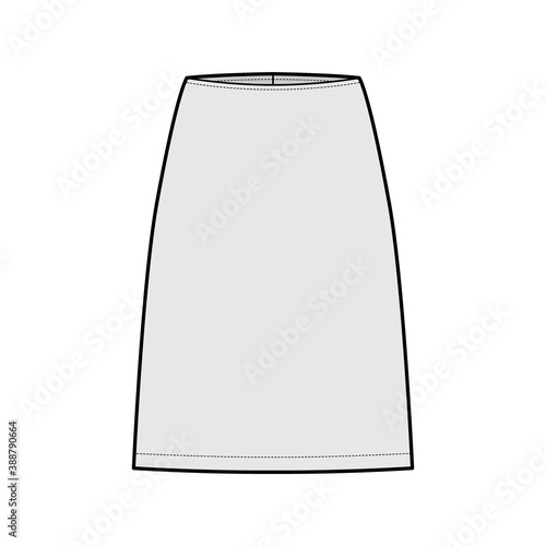 Skirt sheath technical fashion illustration with straight knee silhouette, pencil fullness. Flat bottom template front, grey color style. Women, men, unisex CAD mockup