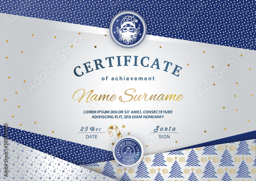 Christmas certificate with Santa Claus in emblem. Blue silver textured winter background for New Year congratulations