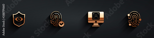 Set Shield eye scan, Fingerprint, Face recognition and icon with long shadow. Vector.