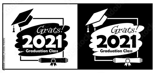 Class of 2021 with Graduation Cap and diploma. Flat simple black and white design. Illustration, vector
