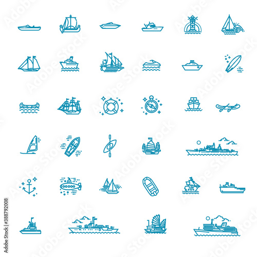 Ships - set of modern vector plain line design icons and pictograms