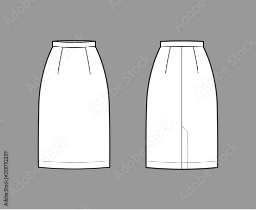 Skirt sheath straight technical fashion illustration with knee lengths, flap at back, pencil fullness. Flat bottom apparel template front, back, white color style. Women, men, unisex CAD mockup