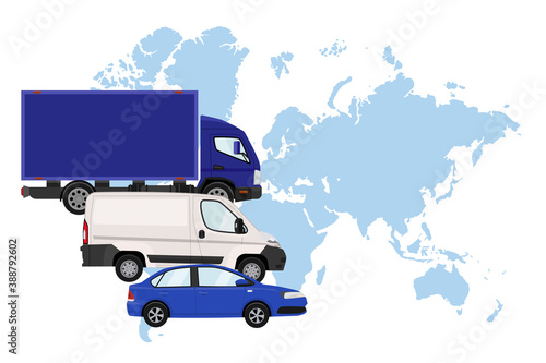 Cargo van, minivan and passenger car on the background of the world map. Logistics, delivery of goods around the world. Vector illustration.