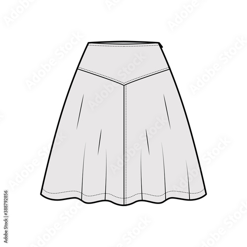 Skirt yoke technical fashion illustration with above-the-knee lengths silhouette, semi-circular fullness. Flat bottom template front, grey color style. Women men unisex CAD mockup