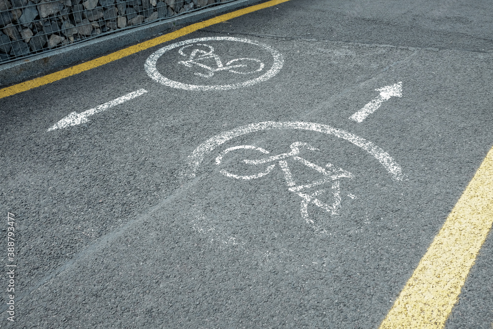 Obraz premium Bicycle lane. White road markup signal on concrete asphalt. Transportation restrictions on the way. No pedestrians allowed, no walking, riding bikes only. Red painted crossed sign with person inside.