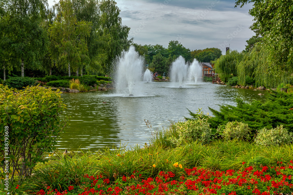 Naklejka premium Park lakes with fountains surrounded by trees. Hiking. Landscape.