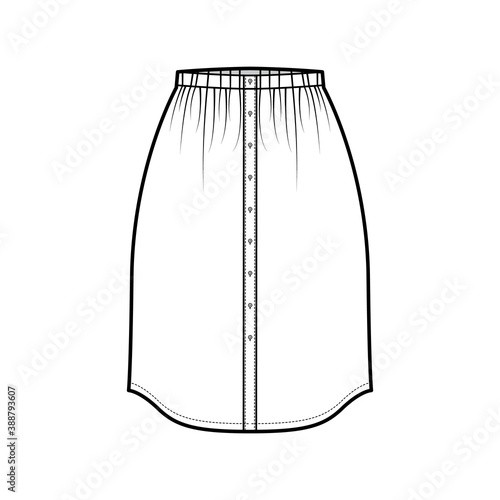 Skirt button down dirndl technical fashion illustration with straight knee silhouette, pencil fullness. Flat bottom template front, white color style. Women, men, unisex CAD mockup