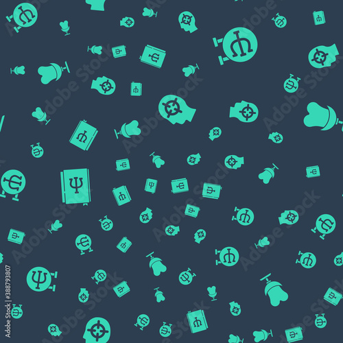 Set Finding a problem, Psychology, Psi, book, and Armchair on seamless pattern. Vector.