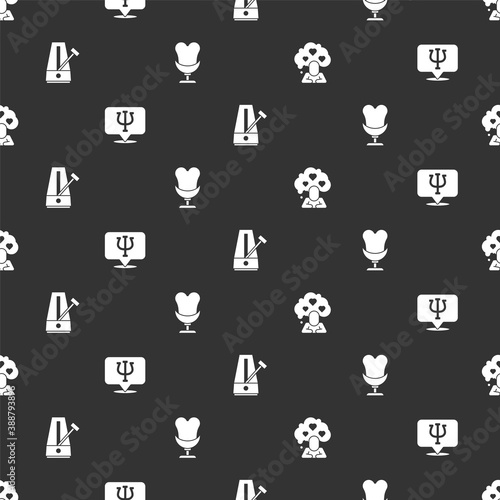 Set Broken heart or divorce, Psychology, Psi, Metronome with pendulum and Armchair on seamless pattern. Vector.