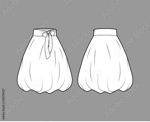 Skirt balloon technical fashion illustration with bow, below-the-knee length silhouette, wide stretch waistband. Flat bottom template front, back white color style. Women men unisex CAD mockup